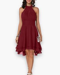 Damen Elegantes Rüschendes Kleid | Midi Festliches Kleid in Rot