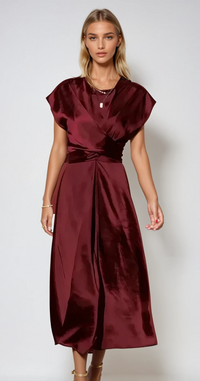 Damen Kurzarm Wickel Midi Hochzeitsgast Kleid in Rot