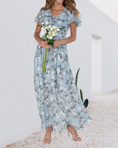 Trixia - Florales Maxikleid Damen | Chiffonstoff luftiges Sommerkleid | Maxikleid mit fließendem Rock