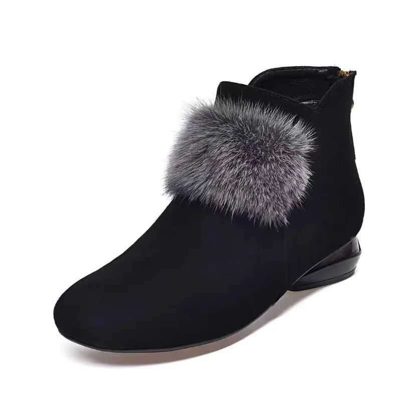 Damen Ankle Boots – Elegante Stiefeletten mit Kunstfellbesatz und Flachem Absatz