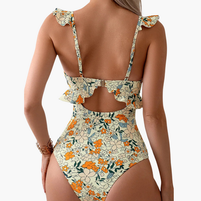 Badeanzug Damen - Floraler Einteiler mit Rüschen & Cut-Out