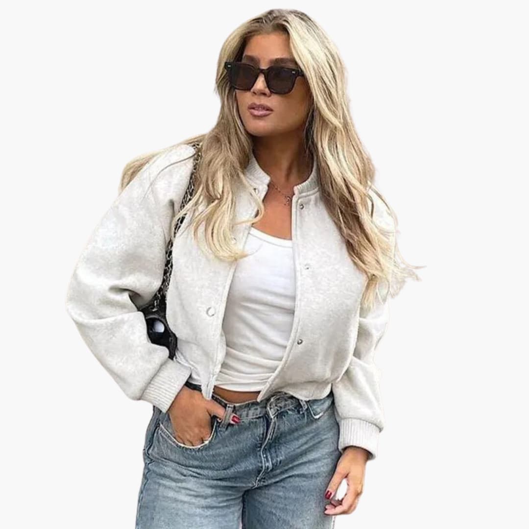 Damen Cropped Bomberjacke mit Knopfverschluss und Seitentaschen