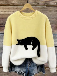 Aiste - Lässiger Pullover Mit Katzenmotiv in Gelb