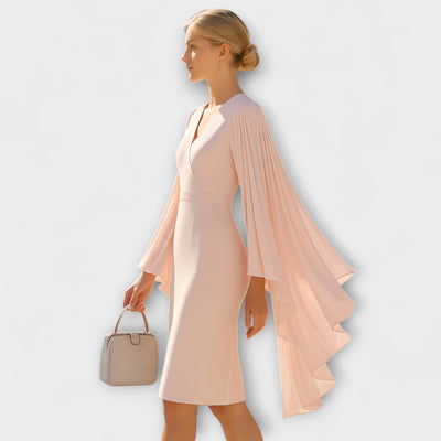 Rachel - Hellrosa Midi-Kleid mit V-Ausschnitt und Chiffon-Ärmel