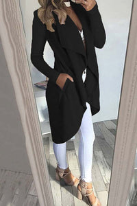 Einfarbiger Revers Slim Lange Windbreaker Jacke in Schwarz