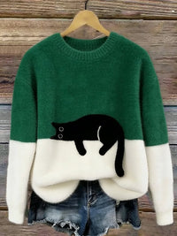 Aiste - Lässiger Pullover Mit Katzenmotiv in Grün