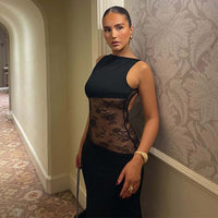 Nora | Lange Transparente Spitzenkleid in Schwarz