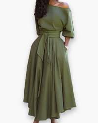 Damen Elegantes Kleid mit Gürtel | Midi in Grün