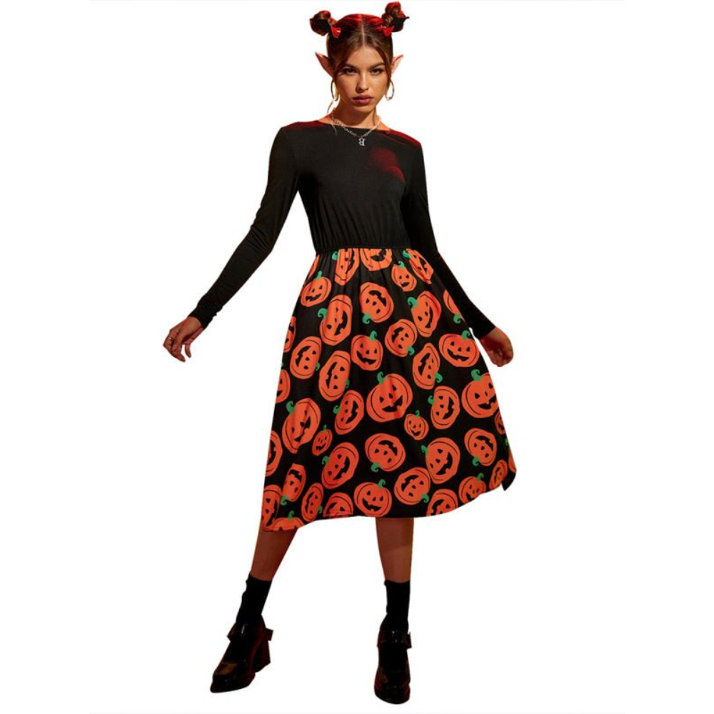 Damen Halloween-Kleid mit Kürbis-Print | Langarm & Midi-Länge
