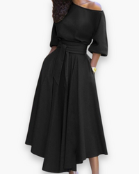Damen Elegantes Kleid mit Gürtel | Midi in Schwarz