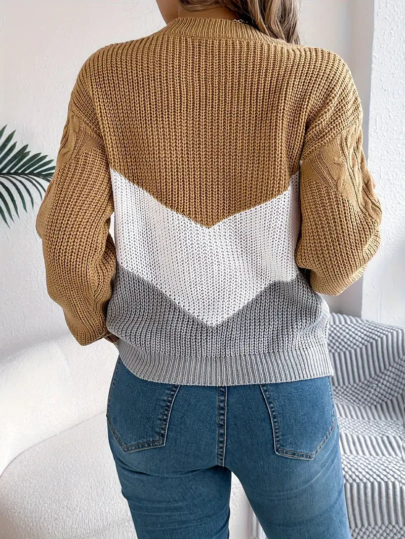 ELEGANTER ZWEIFARBIGER RUNDEHALS-PULLOVER | MODERNER STIL, KOMFORTABEL, VIELSEITIG