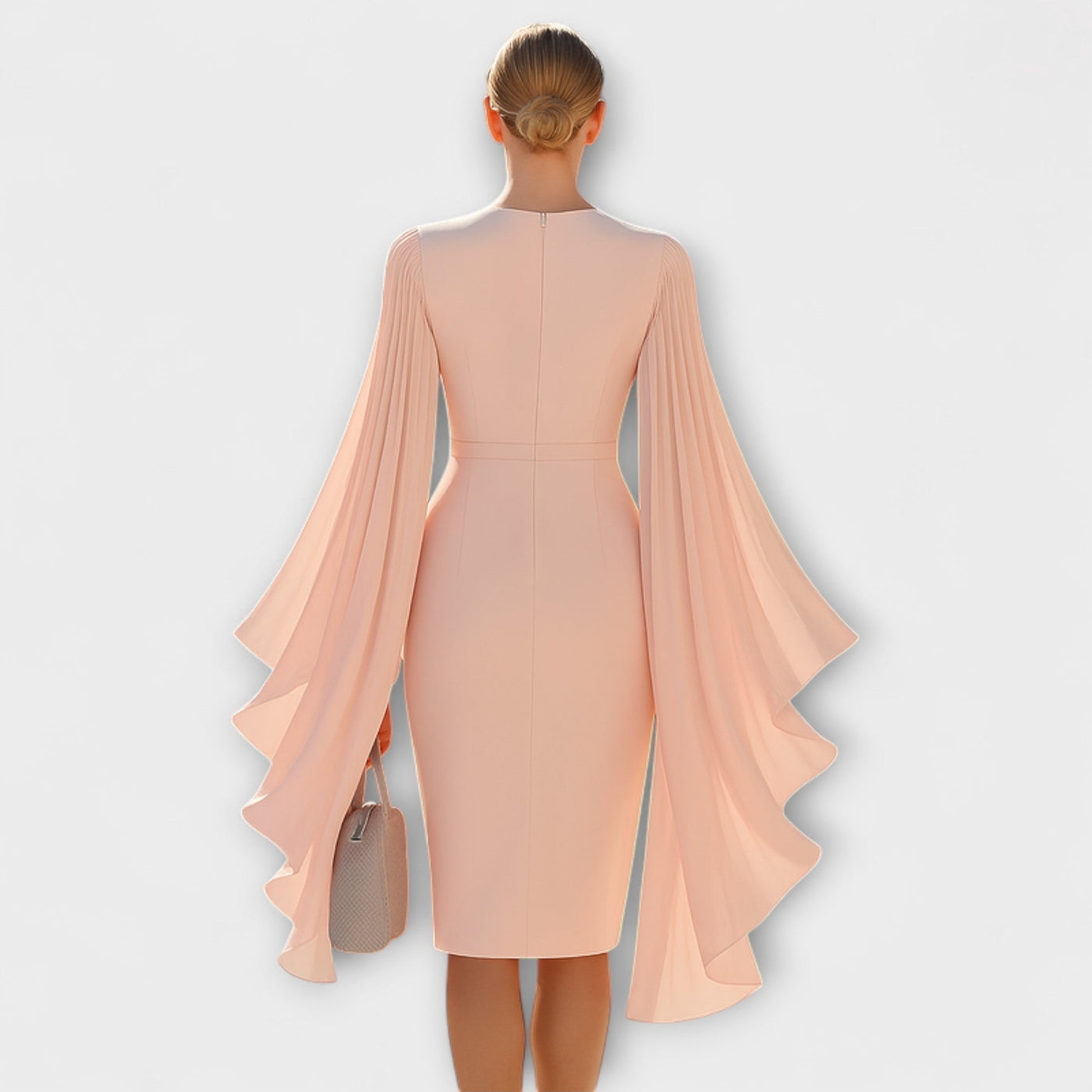 Rachel - Hellrosa Midi-Kleid mit V-Ausschnitt und Chiffon-Ärmel