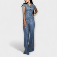 Ivy - Elegantes V-Ausschnitt Top mit passender Hose in Blau