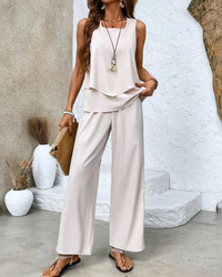 Damen Sommer Set Zweiteiler | Ärmelloses Top & Gerade Hose in Creme
