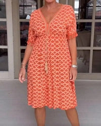 Aisha™ Bequemes Lockeres V-Ausschnitt Midi-Kleid in Orange