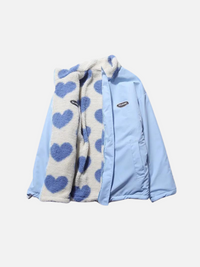 Verspielte Oversized Doppelseitige Herzmuster-Jacke in Blau