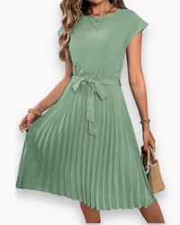 Damen Elegantes Plissee Kleid | Taille Schleife in Hell Grün