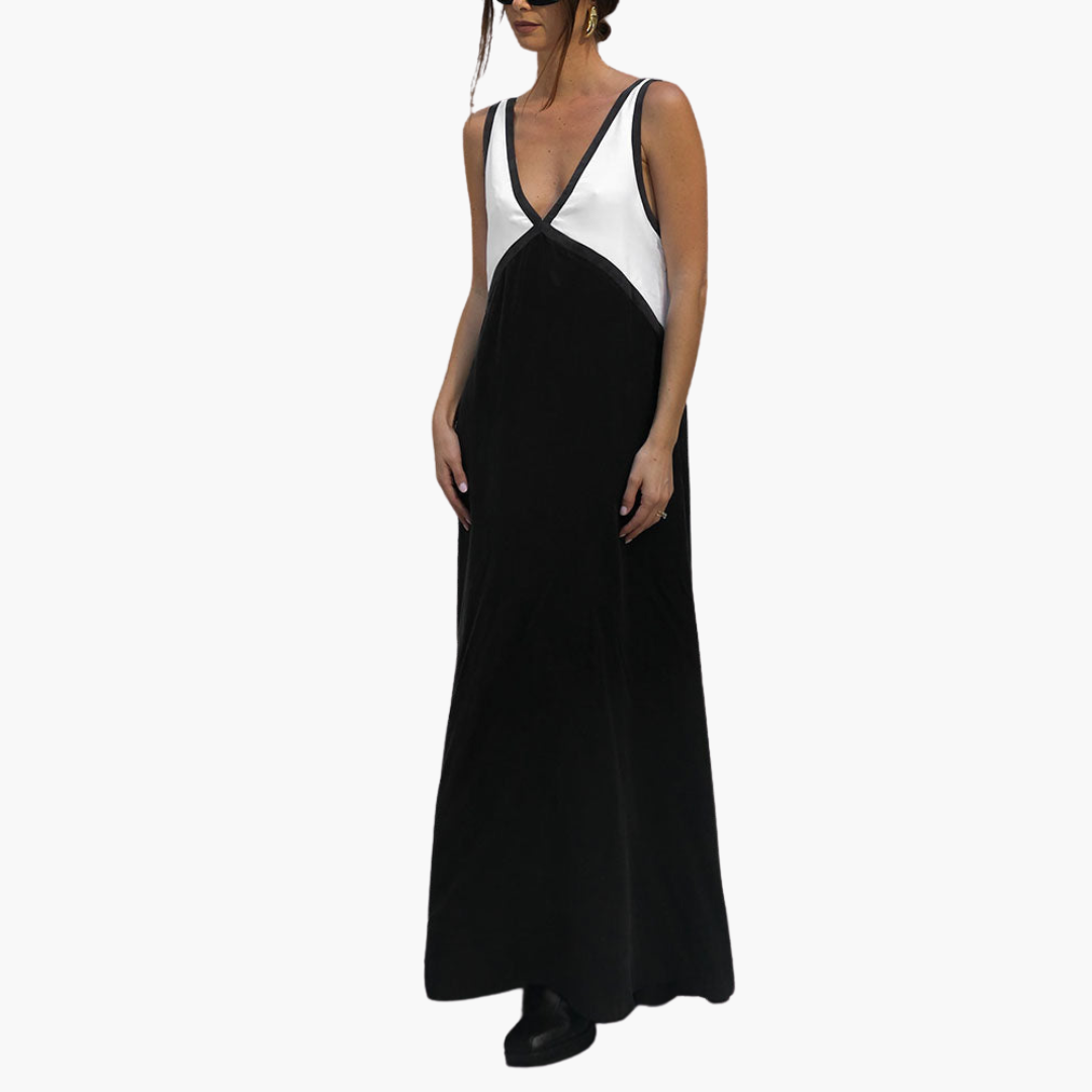 Leichtes V-Ausschnitt Maxi-Kleid für Frauen - Farbblock Design