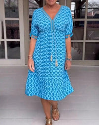 Aisha™ Bequemes Lockeres V-Ausschnitt Midi-Kleid in Blau