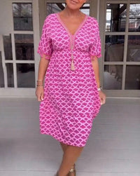 Aisha™ Bequemes Lockeres V-Ausschnitt Midi-Kleid in Pink