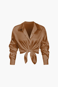 Damen Geknöpft Lang Bluse in Braun