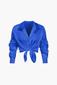 Damen Geknöpft Lang Bluse in Blau