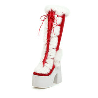 Damen Plateau-Stiefel – Extravagante Kniehohe Stiefel mit Kunstfell und Schnürung - Weihnachten in Rot