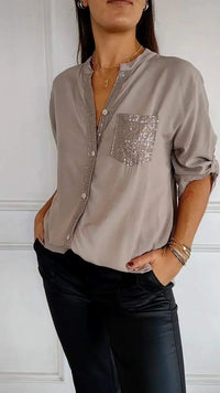 Jasmine | Elegantes V-Ausschnitt-Shirt mit funkelnden Pailletten für Damen in Khaki
