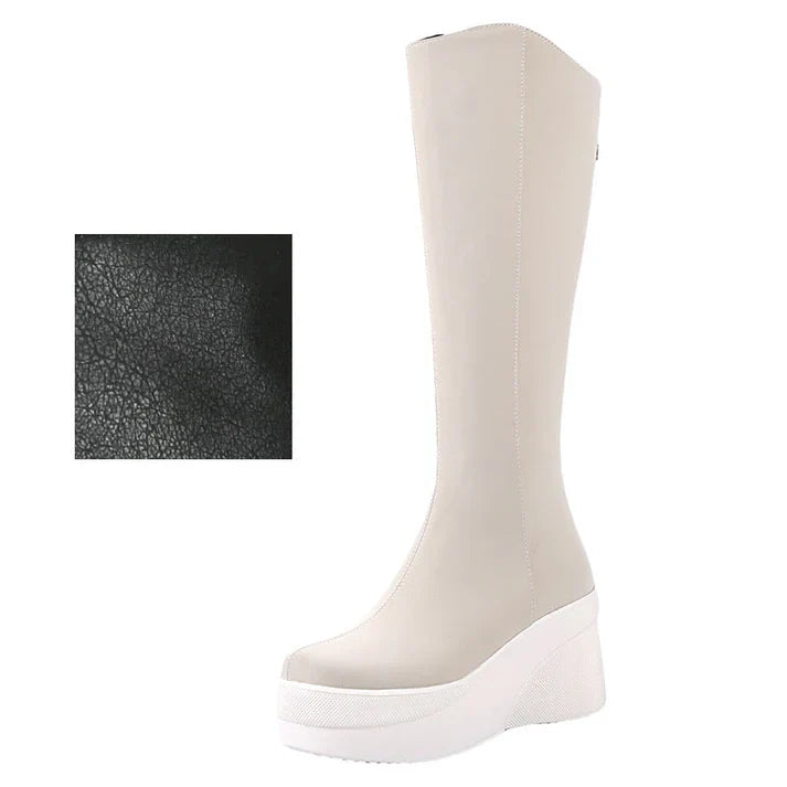 Damen Plateau-Stiefel Schwarz – Kniehohe Kunstlederstiefel mit Keilabsatz für Herbst und Winter