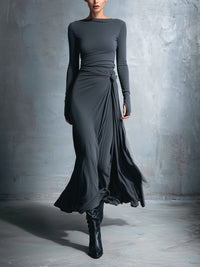 Laura | Damen Elegant Drapiertes Langarm Maxikleid in Grau