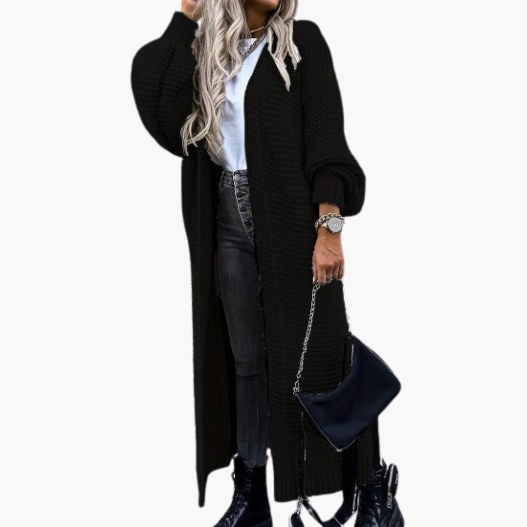 Damen Strickjacke lang mit offenem Vorderteil und gerippten Bündchen