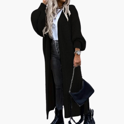 Damen Strickjacke lang mit offenem Vorderteil und gerippten Bündchen