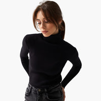 Damen Turtleneck Pullover mit gerippten Bündchen und Saum in Schwarz