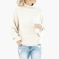 Damen pullover mit hohem Halsausschnitt und geripptem Saum in Beige