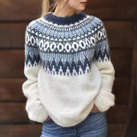 Norweger Grobstrickpullover Damen | Winterpullover Mit Rundhalsausschnitt in Weiß