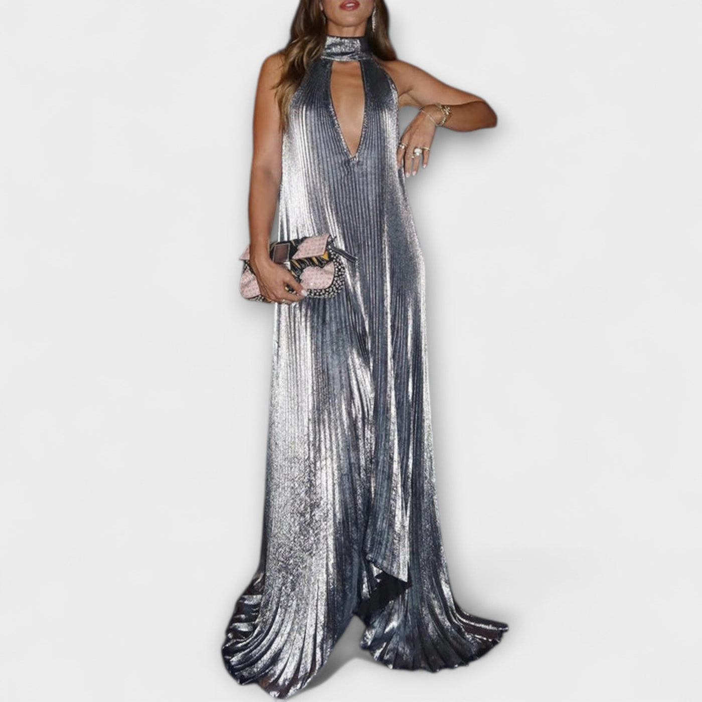 Calliope - Metallic Falten A-Linie Maxikleid