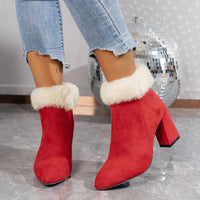 Rote Damen Stiefeletten – Elegante Ankle Boots mit Karierter Fellbesatz und Blockabsatz in Rot