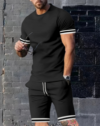 Herren Sport Set mit T-Shirt & Shorts | Zweiteiler mit Streifen für Sommer & Training in Schwarz