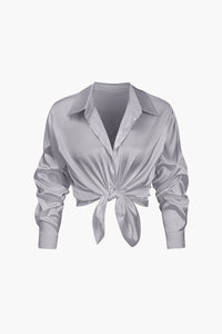 Damen Geknöpft Lang Bluse in Grau