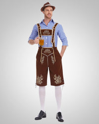 Alexander | Herren Lässig Oktoberfest Lederhose in Blaues Oberteil + braune Hose + brauner Hut