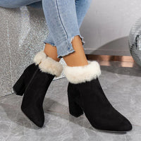 Rote Damen Stiefeletten – Elegante Ankle Boots mit Karierter Fellbesatz und Blockabsatz in Schwarz