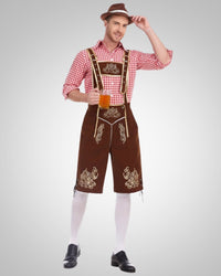 Alexander | Herren Lässig Oktoberfest Lederhose in Rosa Oberteil + braune Hose + brauner Hut