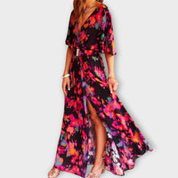Sabine - Stilvolles Wickel-Maxikleid mit fließendem Design in Schwarz-Rosa