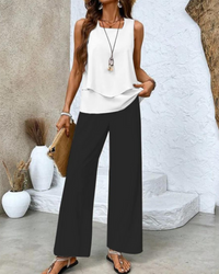 Damen Sommer Set Zweiteiler | Ärmelloses Top & Gerade Hose in Schwarz