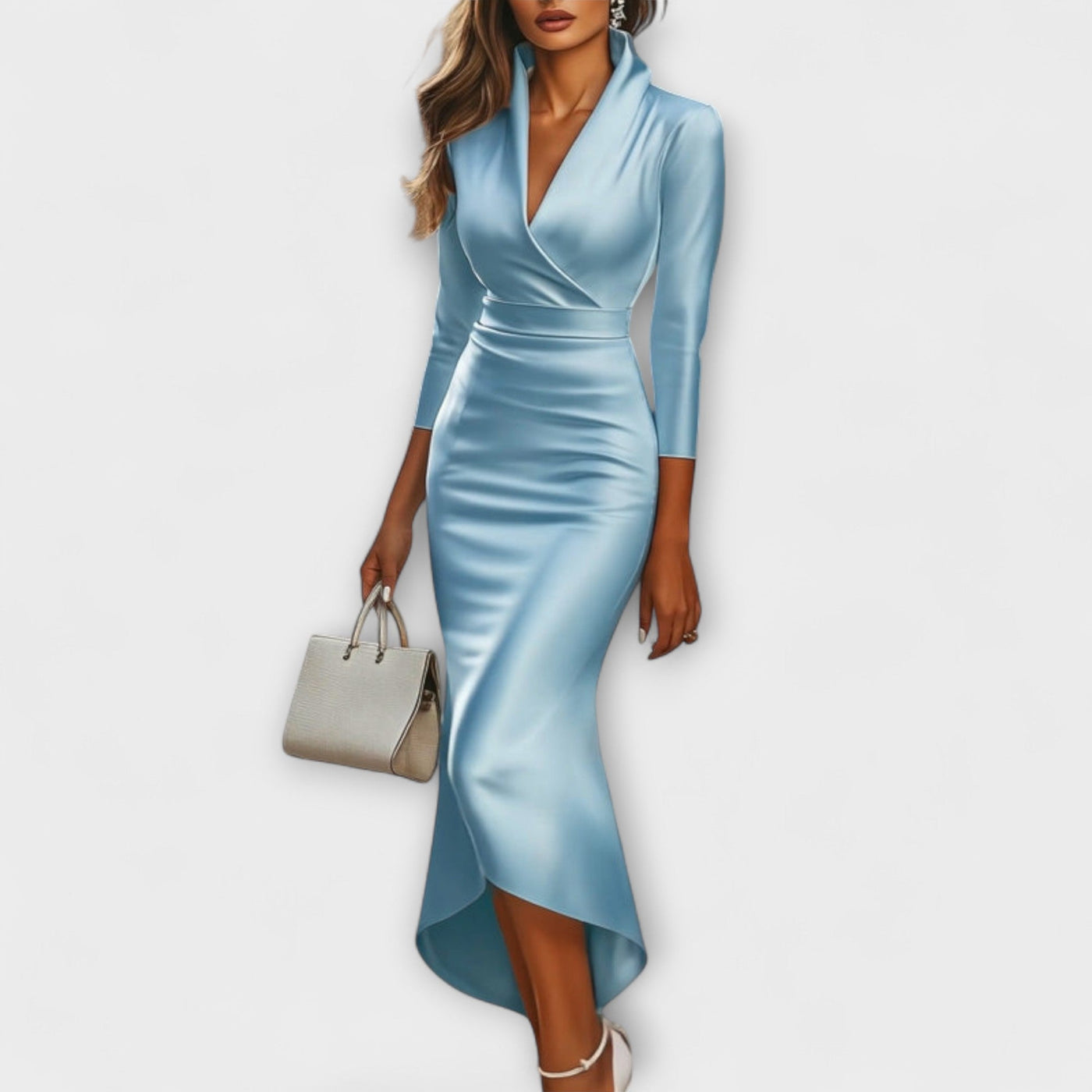 Rebecca - Elegantes weißes Satin-Midi-Kleid mit V-Ausschnitt