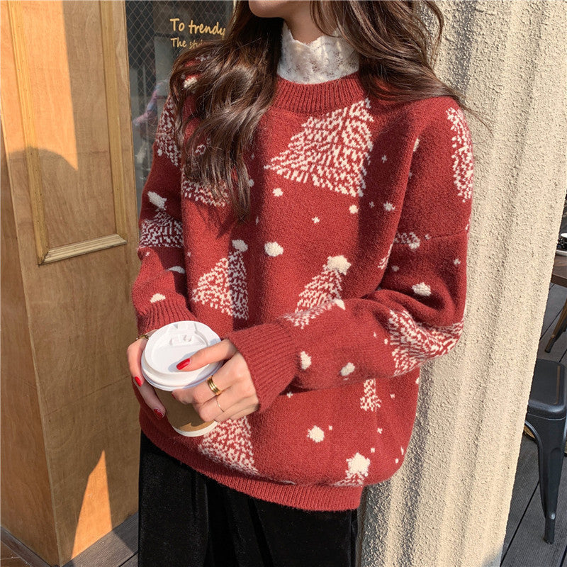 Roter Weihnachtsbaum Jacquard Pullover für Damen