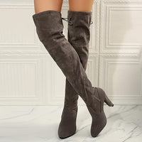Overknee Stiefel Damen | Mit Blockabsatz und Reißverschluss in Grau