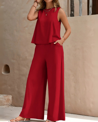 Damen Ärmelloses Freizeit Zweiteiler Set | Weite Hose in Rot