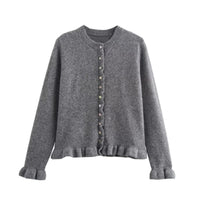 Rüschen Frauen Cardigan mit Knöpfen, Schickes Schichted Oberteil in Grau