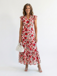 Lila | Floral V-Ausschnitt Schichten Midi Kleid in Rot